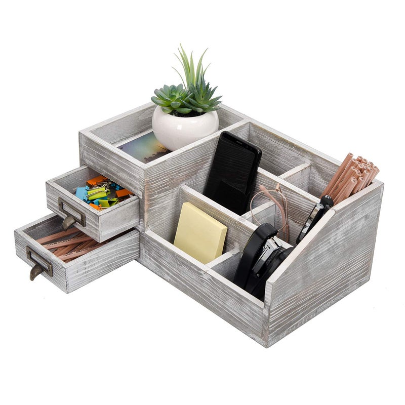 VERGOODR Distressed Rustic Wooden Office Desktop Organizer Wood Shelf Tabletop Home Organizer Storage with Multiple Compartments 2 Tier Drawers,perfect Jewelry storage Display Box for Desk, Vanity (gray) - Image 1